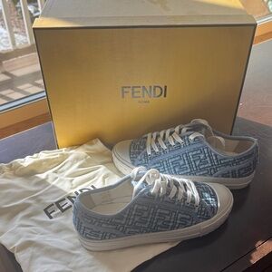 Fendi Denim Blue and White Logo Sneakers